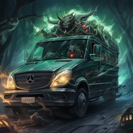 Une Mercedes Benz dans le style de « Magic : The Gathering » conduite par des gobelins.