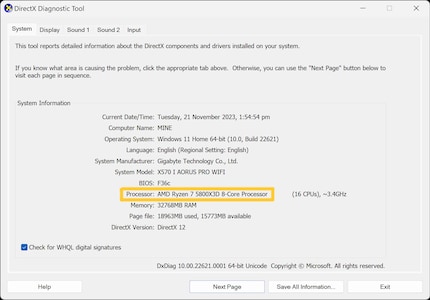 Dans l'outil DirectX Diagnostics, vous pouvez vérifier votre processeur et découvrir d'autres détails sur votre machine.