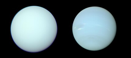 Les vraies couleurs d'Uranus et de Neptune | Si l'on pondère correctement les images à différentes longueurs d'onde, Neptune (à droite) a presque la même couleur qu'Uranus.
