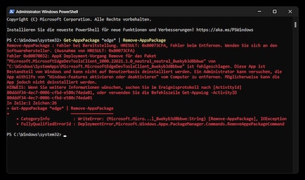 Désinstaller Edge avec Windows PowerShell ne fonctionne plus non plus.