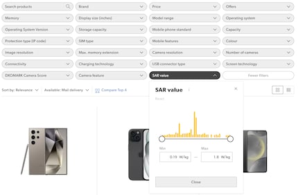 Filter by SAR value in the mobile phone range