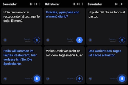 L'application d'interprétation est pratique, mais comporte encore quelques erreurs. L'écriture blanche montre à chaque fois ce qui est dit, le bleu est la traduction