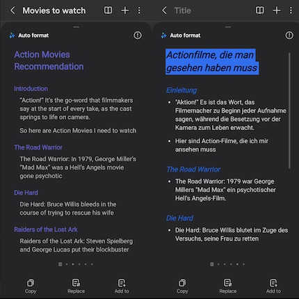 Même de simples notes peuvent être formatées, corrigées et traduites en appuyant sur un bouton