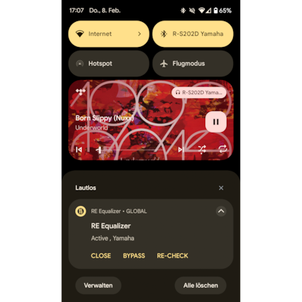 Vous devez démarrer RE Equalizer FX, qui fonctionne en arrière-plan (directement sans ouvrir l’application dans les options) et qui est toujours visible avec une icône dans la barre d’état. Il existe également des réglages rapides.