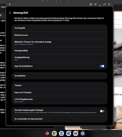 The menu items only become visible in the settings when DeX is activated.