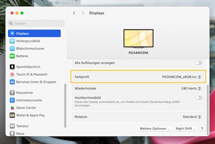 Sur macOS, vous pouvez choisir un profil de couleurs dans les réglages écran, comme le profil sRGB pour Asus PG34WCDM ici.