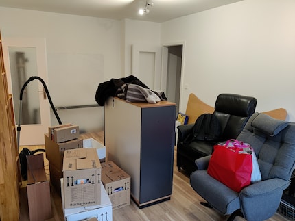 Une vue du salon, juste après avoir dû déplacer une partie de mes meubles de l'entrepôt vers le salon.