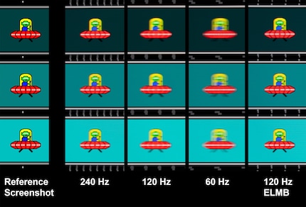 Des enregistrements post-traitement d’objets en mouvement avec 1/50 seconde de temps de pose. Avec 120 hertz et l’insertion de trames noires (appelée ELMB chez Asus), la netteté est aussi bonne qu’avec 240 hertz.
