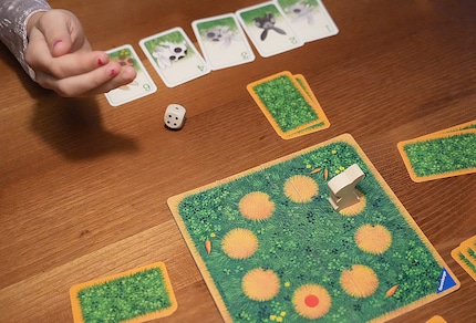 Max Mümmelmann hops in circles and collects bunny family cards.