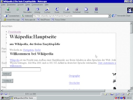 Capture d’écran de la page d’accueil de Wikipédia dans Netscape sous Windows 95.