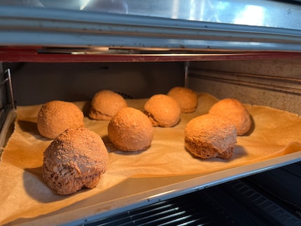 The burger buns smell delicious when I take them out of the oven.