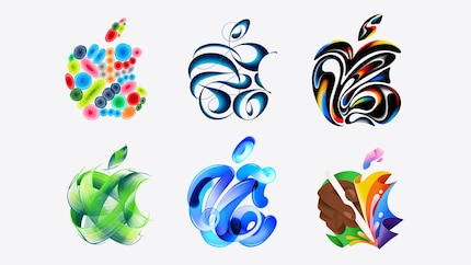 Six logos Apple de styles très différents. La différence d'épaisseur des traits de pinceau est également frappante - elle pourrait indiquer des pointes différentes pour le nouvel Apple Pencil.