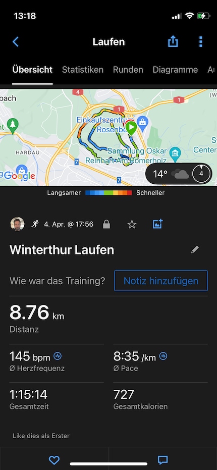 En montée, le parcours devient bleu, parce que je cours très lentement.