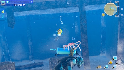 Au moins, selon le niveau de mon plongeur, je peux motiver certaines créatures à m'accompagner - ici, un crabe sur mon réservoir d'oxygène.