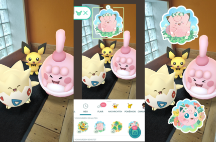 The original photo on the left, then the sticker collection opens and you can play around with it – or something like that.