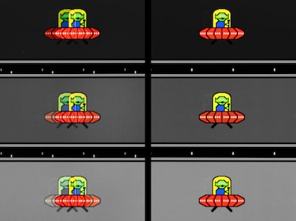 Prise de vue d’objets en mouvement. Sur l’écran OLED (à droite), les pixels changent d’état si rapidement qu’il n’y a pratiquement pas de ghosting, ce qui n’est pas le cas de l’écran mini LED (à gauche).