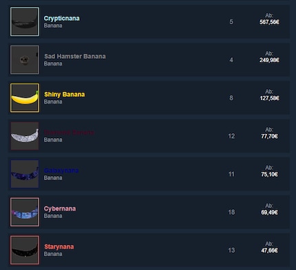 Les skins « Banana » les plus chers actuellement proposés sur la place de marché Steam.