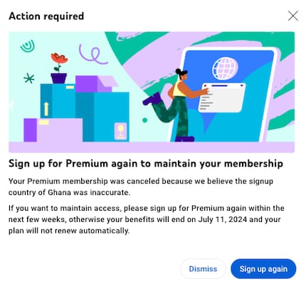 Youtube annule de lui-même votre abonnement si vous l'avez souscrit dans un mauvais pays.