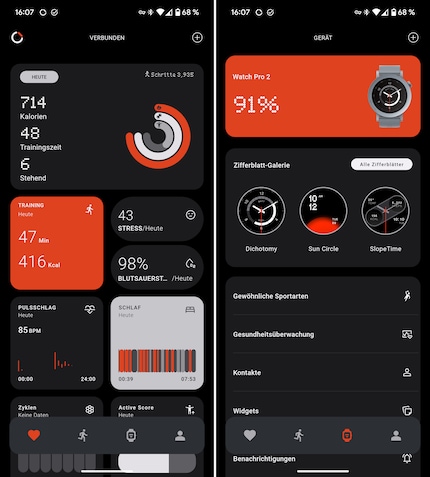 Les pages de présentation de l'application sur les données de santé et la smartwatch connectée.