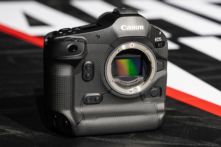The Canon EOS R1 has a large surface area with a non-slip texture.