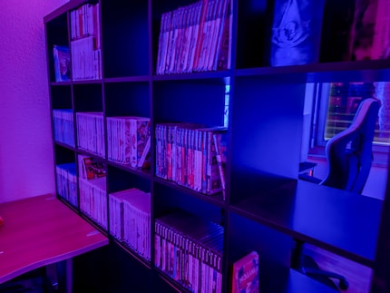 La remarquable collection de jeux a trouvé une place de choix dans le bureau.
