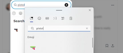 Au fond, l'arme de poing de retour sur X, à l'avant, le pistolet à eau dans le set d'emoji Microsoft.