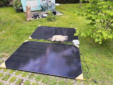 Panels laid out on the grass in front of the garden shed. Mira the cat isn’t part of the set-up.