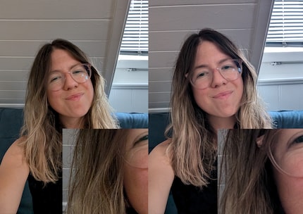 Selfie on the left taken with the Google Pixel 9 Pro, selfie on the right taken with the Google Pixel 8.
