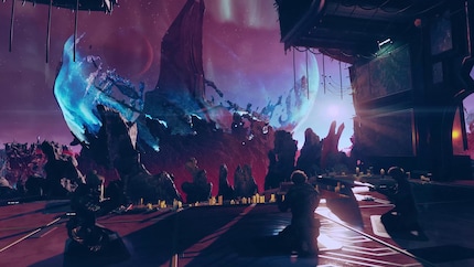 Visuellement, l'extension se démarque fortement des planètes du jeu principal, souvent tristes et générées de manière procédurale, avec une palette de couleurs violettes et bleues.