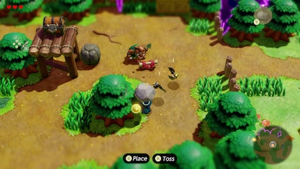 I distract this Moblin with a conjured piece of meat, then attack him with cloned stones and bats.