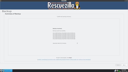 En 36 minutes, Rescuezilla a écrit 210 gigaoctets sur le disque cible, un SSD externe.