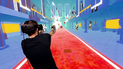 Le jeu VR « Pistol Whip » avec la vidéo intégrée du joueur.