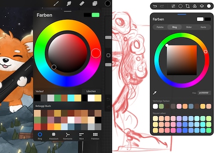 La sélection des couleurs sur Procreate à gauche et sur GoPaint à droite.