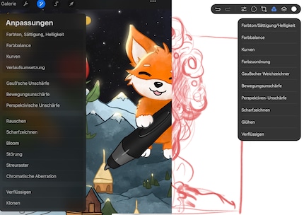 Les réglages de Procreate (à gauche) et de GoPaint (à droite). Même leur ordre est très similaire.