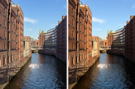 Hamburg’s Speicherstadt looks different in the Neutral undertone (left) than in Amber (right).