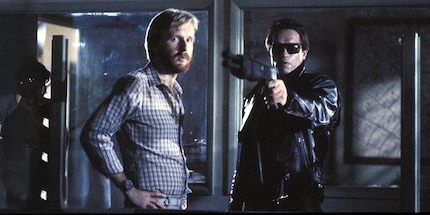 James Cameron (left) and Arnold Schwarzenegger (right) during filming.