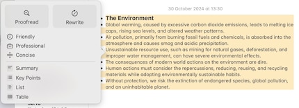 The Writing Tools function also allows you to summarise longer pieces of text.