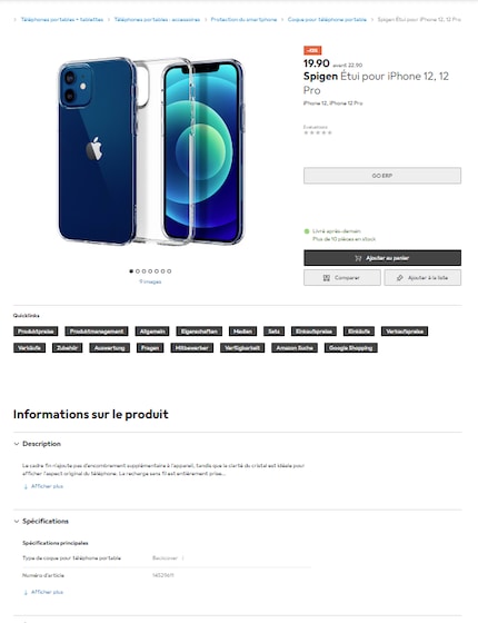 L’extrait de la page de détails du premier produit trouvé fournit des informations détaillées ainsi que neuf images.