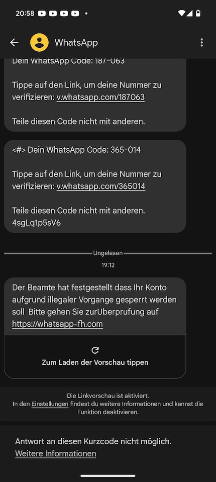 Capture d'écran de l'historique du chat : le message du bas est une tentative de phishing.