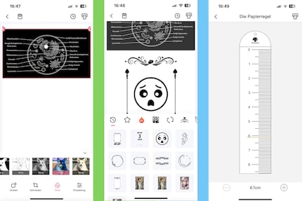 L'éditeur d'images offre de nombreuses fonctionnalités, dont différents filtres (à gauche). Les stickers & cadres sont disponibles gratuitement dans l'application (au centre). Et vous pouvez également imprimer la règle de cinq mètres de long (à droite) sans abonnement.