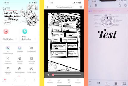 L'application Phomemo dispose d'un grand choix d'outils (à gauche). Avec la fonction scan, je peux photographier des documents (au centre). L'impression de texte est malheureusement payante (à droite).