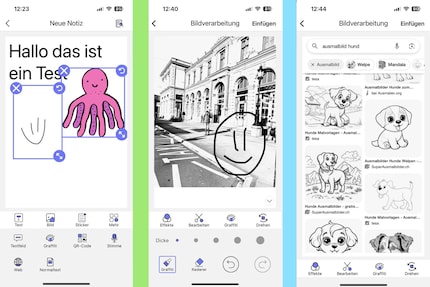 Autre que les autocollants, les cadres et les dessins, le texte est fixe (à gauche). Quelques filtres sont disponibles pour la retouche d'images (au centre). L'application me permet d'imprimer des pages web entières (à droite).