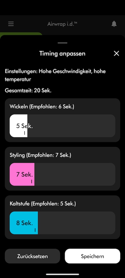 Sur la base de mon profil capillaire, l'application donne des recommandations sur la durée de chaque étape. Ici, je les ai modifiées manuellement.