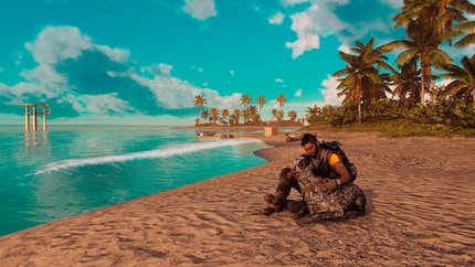 Dans « Far Cry 6 », je choisis une plage et je profite de la mer avec Boom Boom, mon chien.