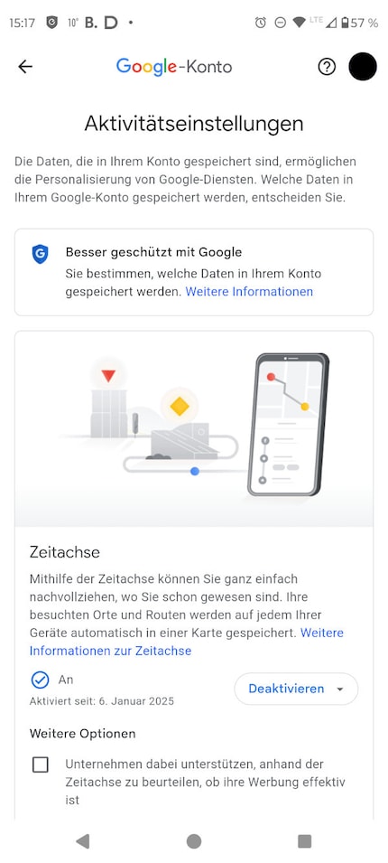 Vous accédez aux paramètres de la timeline en cliquant sur le point bleu dans Google Maps.