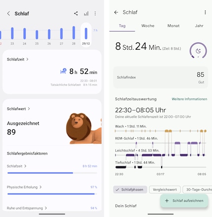 À gauche le suivi du sommeil de la bague, à droite celui de la smartwatch.