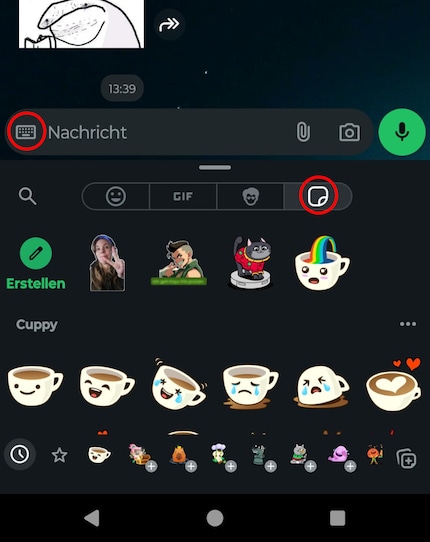 Les autocollants se trouvent dans un sous-menu à côté de la ligne du chat.