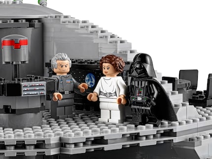 A scene from the Lego Star Wars Death Star set 75159: Darth Vader, Princess Leia and Grand Moff Tarkin in the iconic control room setting.