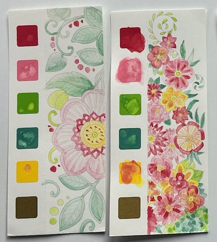 Selon le modèle et la précision de la peinture, il me faut de quelques minutes (à gauche) à une demi-heure (à droite) pour réaliser les marque-pages.