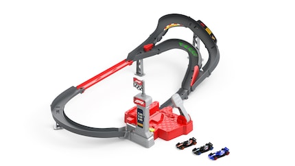 So that the mini cars don't just sit on the shelf, there is also a matching race track.